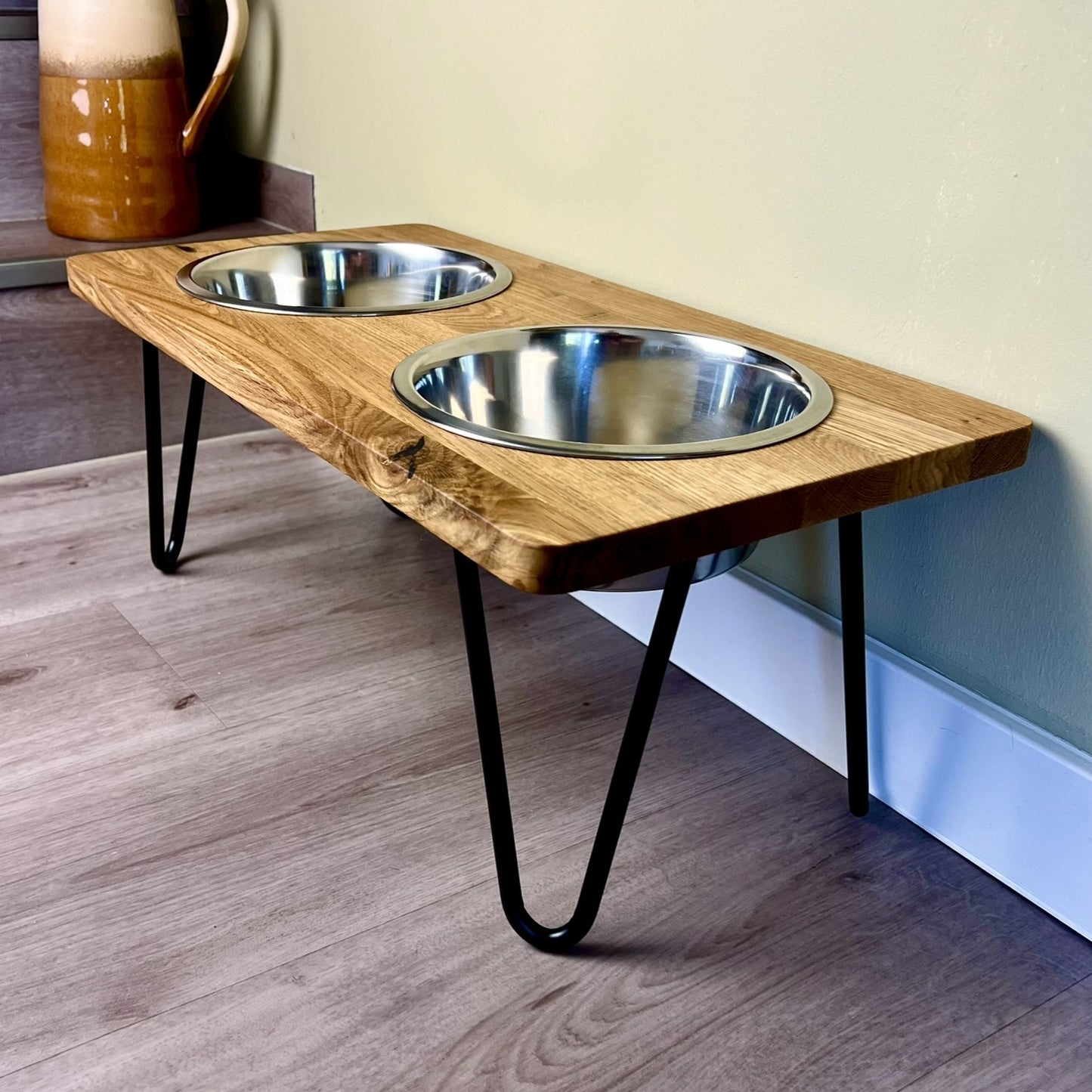 Styledog Wonderland Eiche Design Futterstation für große Hunde mit Edelstahlnäpfen