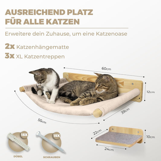 WOOWOOD® Kletterwand-Katzenhängematte Set inkl. 3x Katzentreppen