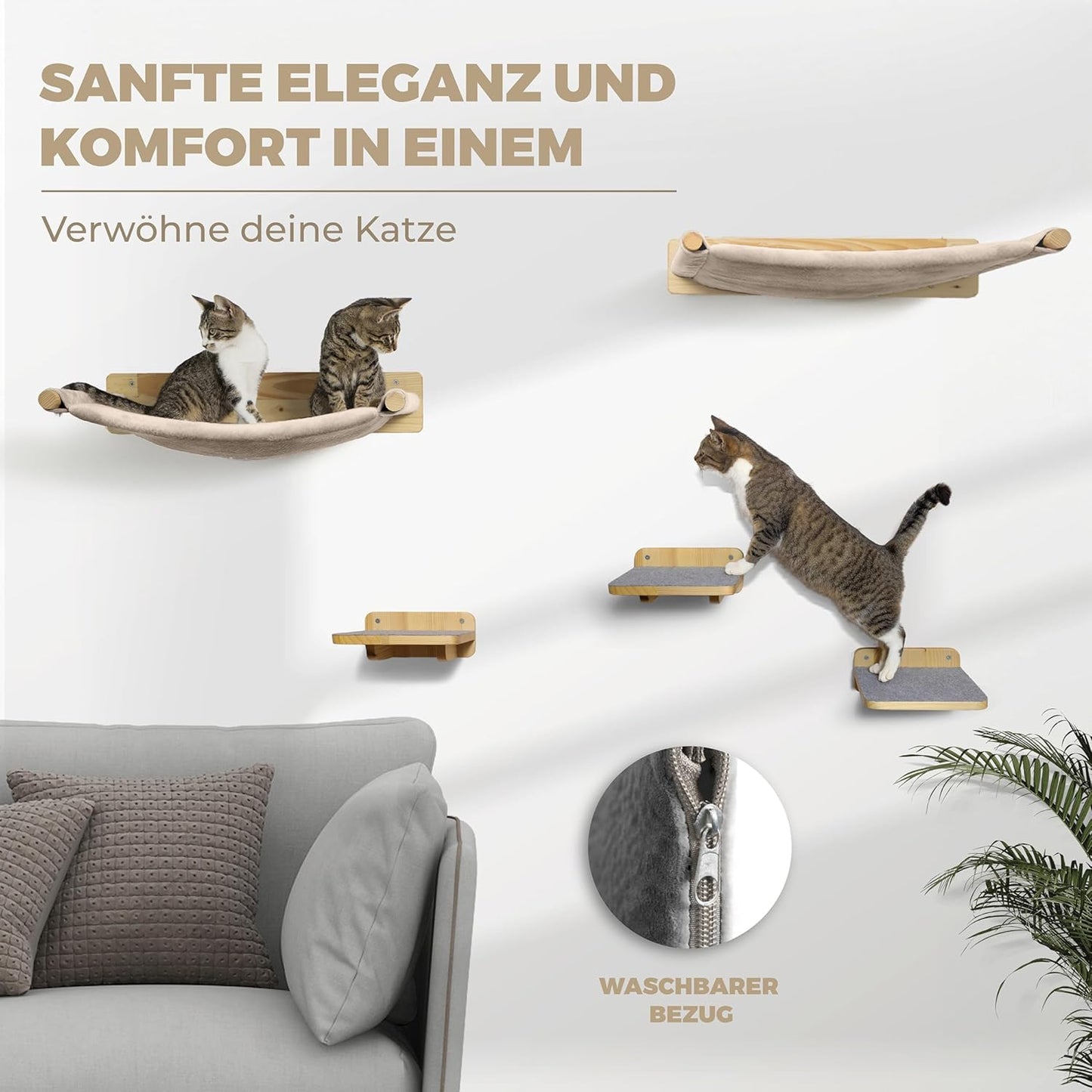 WOOWOOD® Kletterwand-Katzenhängematte Set inkl. 3x Katzentreppen