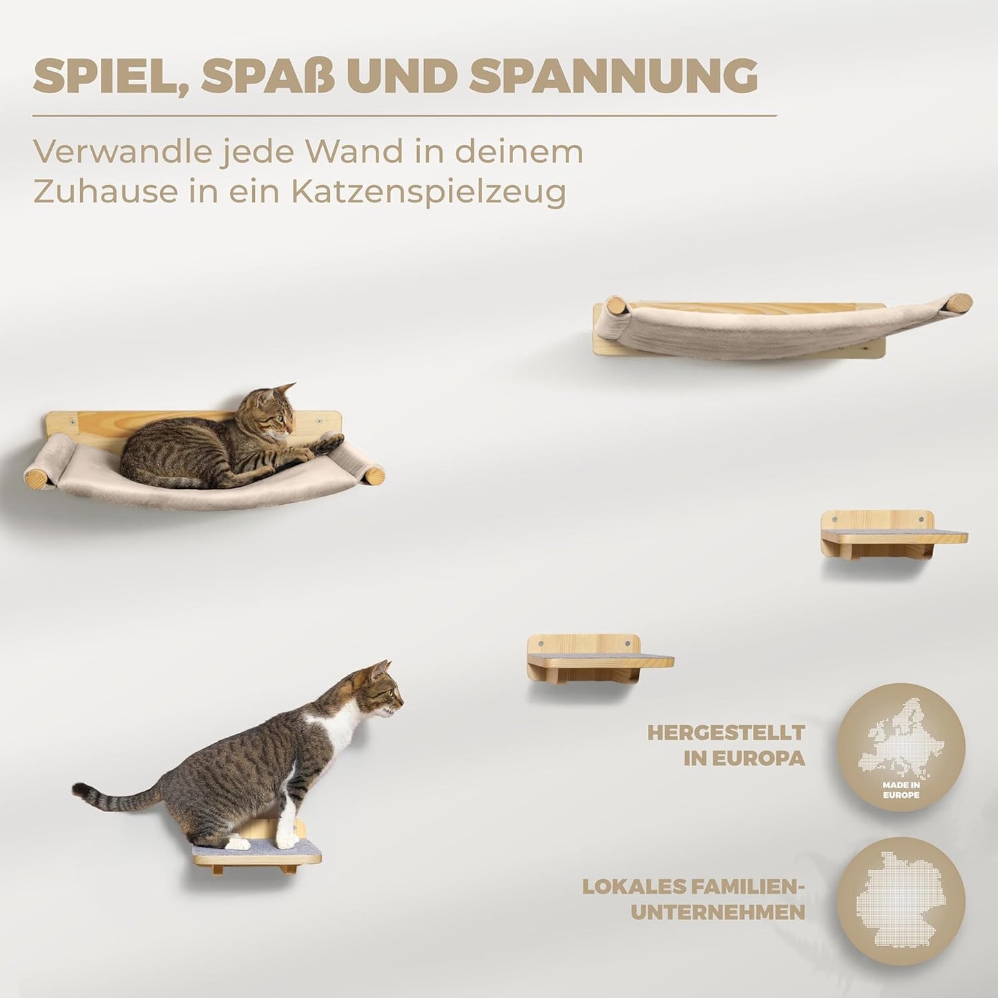 WOOWOOD® Kletterwand-Katzenhängematte Set inkl. 3x Katzentreppen