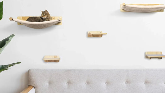 Moderne Katzenhängematte aus Holz an Wand, Katze entspannt, stilvolle Kletterwand für Katzen über Sofa