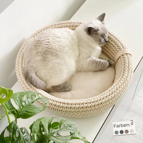 Schlafende Katze im runden, geflochtenen Katzenbett auf heller Oberfläche, modernes Haustiermöbel von Pawla Petstore