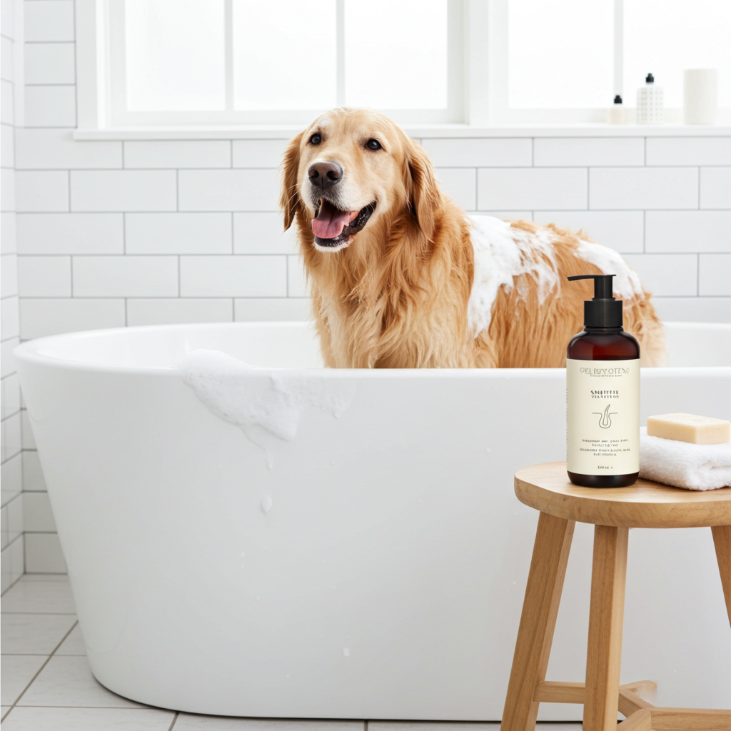 Glücklicher Hund in Badewanne mit Shampoo, Pflegeprodukte für Hunde, Pawla Petstore