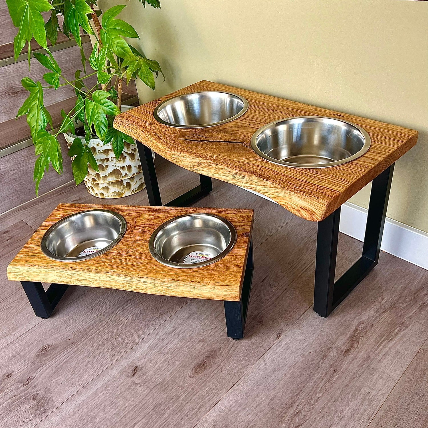 Großer Hund an moderner Futterstation aus Eiche mit zwei Edelstahlnäpfen im Wohnzimmer; Tiermöbel im Industrial-Style