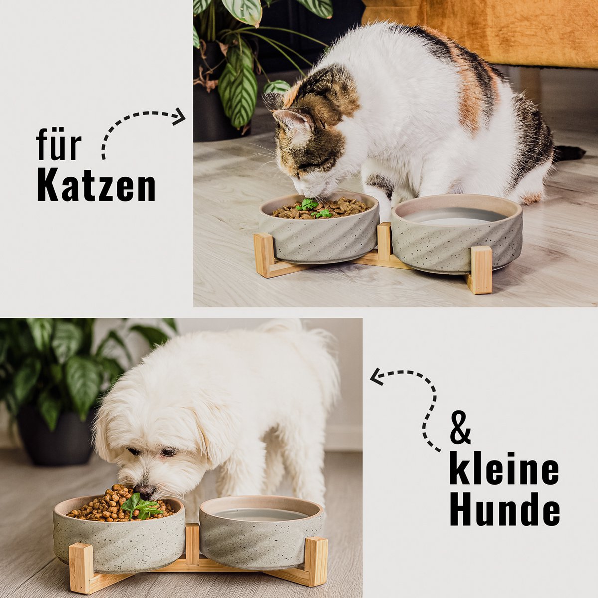 Keramik Doppelfutternapf mit Bambusständer