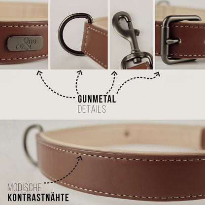 Halsband & Leine Set aus veganem Leder – Braun/Beige