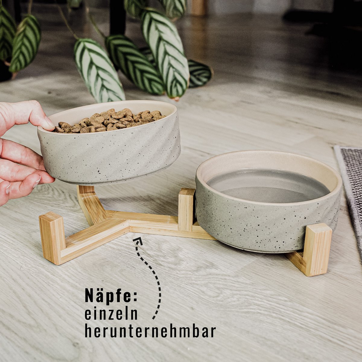 Keramik Doppelfutternapf mit Bambusständer