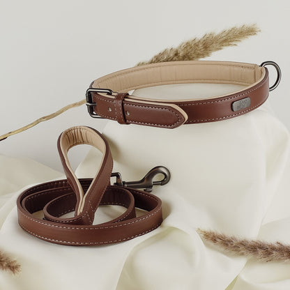 Halsband & Leine Set aus veganem Leder – Braun/Beige