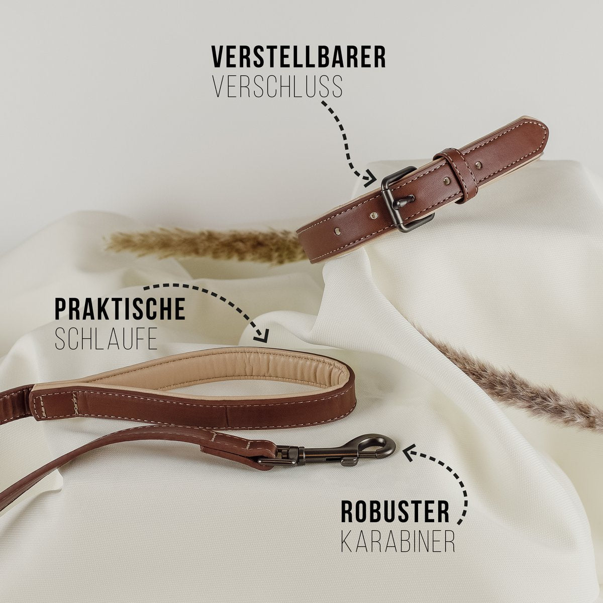 Halsband & Leine Set aus veganem Leder – Braun/Beige