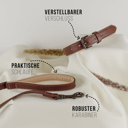 Halsband & Leine Set aus veganem Leder – Braun/Beige