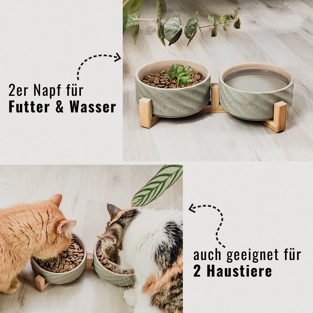 Keramik Doppelfutternapf mit Bambusständer