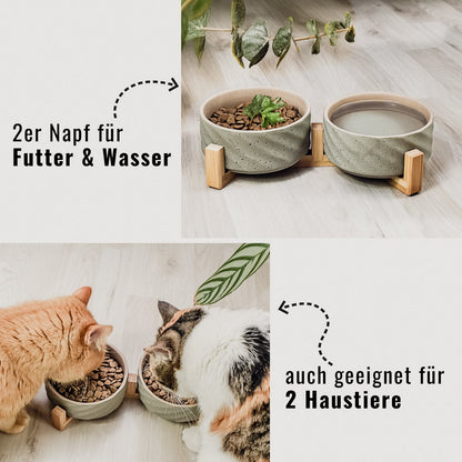 Keramik Doppelfutternapf mit Bambusständer