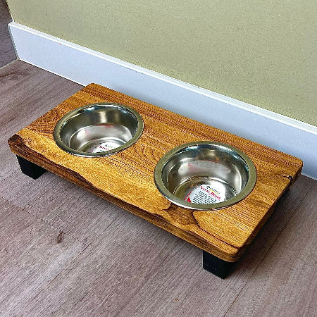 Styledog Wonderland Eiche Design Futterstation für kleine Hunde mit Edelstahlnäpfen