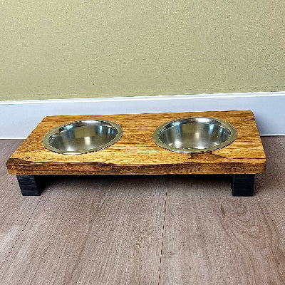 Styledog Wonderland Eiche Design Futterstation für kleine Hunde mit Edelstahlnäpfen