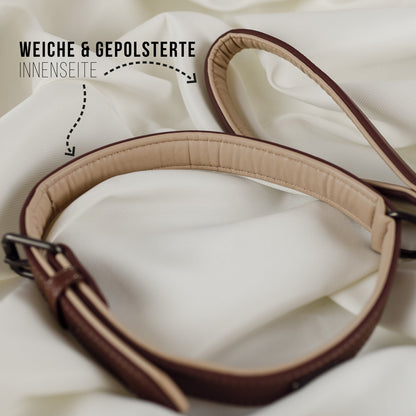 Halsband & Leine Set aus veganem Leder – Braun/Beige