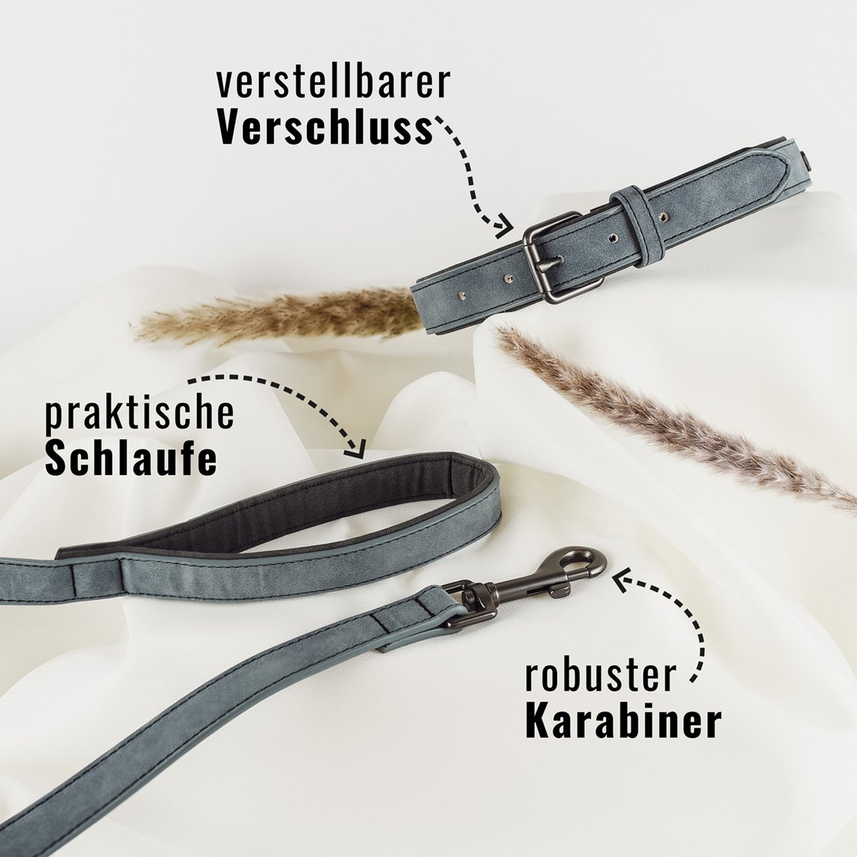 ne&no® Halsband & Leine Set aus veganem Leder – Blaugrau/Anthrazit