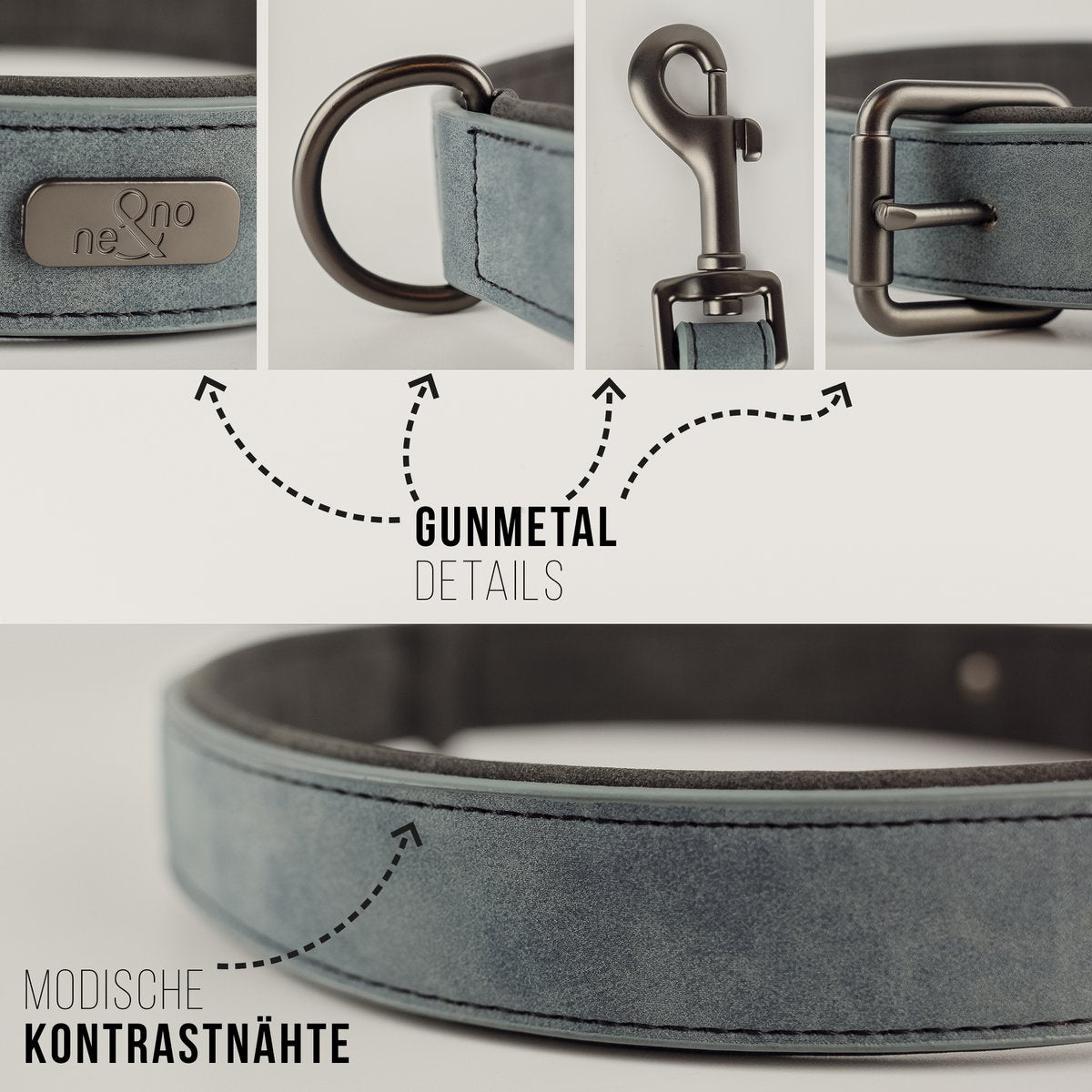 ne&no® Halsband & Leine Set aus veganem Leder – Blaugrau/Anthrazit