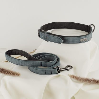 ne&no® Halsband & Leine Set aus veganem Leder – Blaugrau/Anthrazit