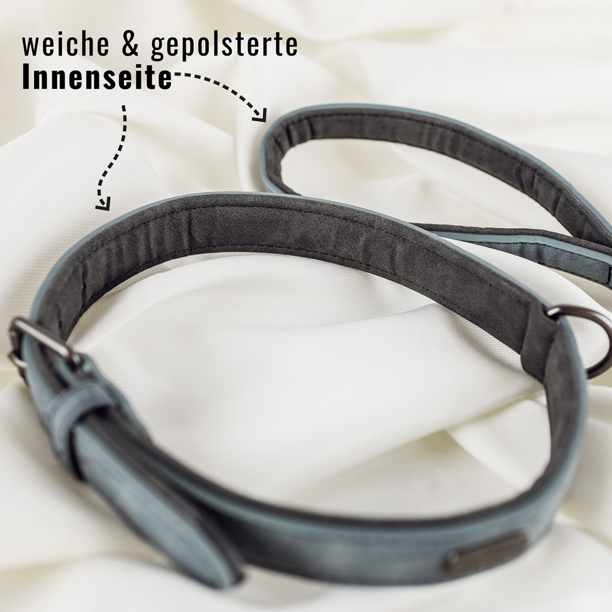 ne&no® Halsband & Leine Set aus veganem Leder – Blaugrau/Anthrazit